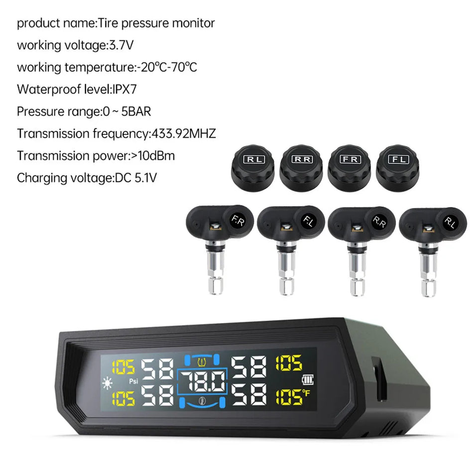 T17 Araç TPMS Güneş Enerjili USB Ekran, 4 Sensör, 433MHz