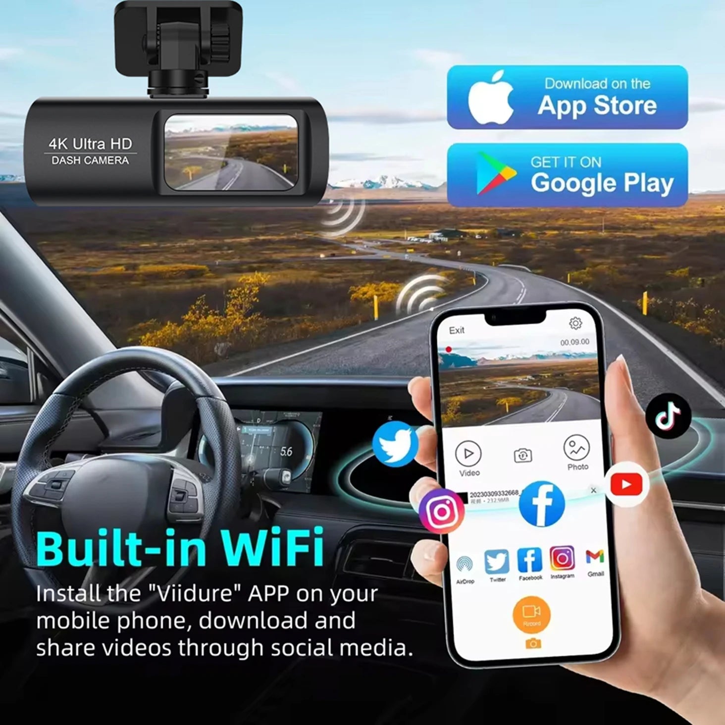 4K WIFI Dash Cam Mini Car DVR &ndash; Dual Lens Front and Rear with Night Vision and GPS