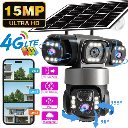 V380 PRO 3 Lens 4G Solar Camera HD 15 MP 360 Outdoor Waterproof CCTV Night Vision Two-Way Audio Camera Mobile Tracking IP Camera