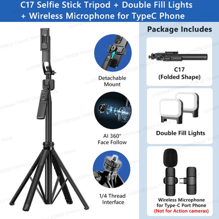 TOKQI C17 360&deg; Auto-Rotation Selfie Tripod with AI Tracking and Remote Control Option 5 / CHINA