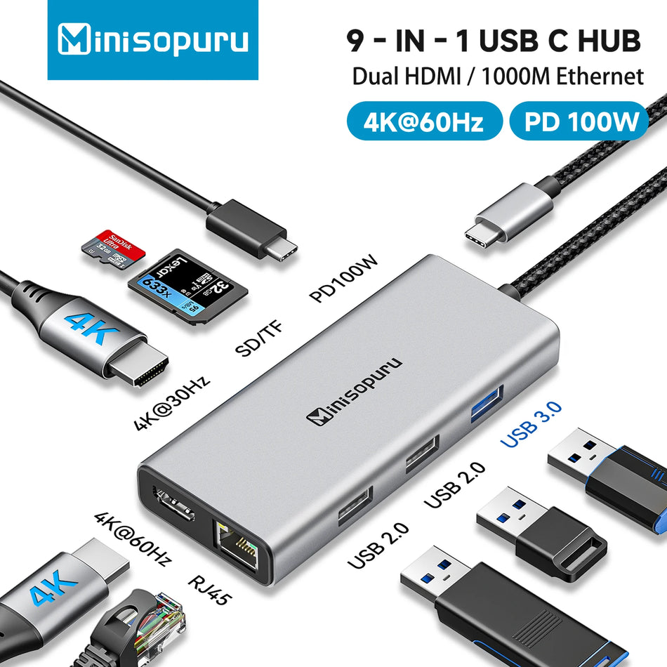 Minisopuru USB C Hub Dual 4K60Hz HDMI Dockingstation PD 100W