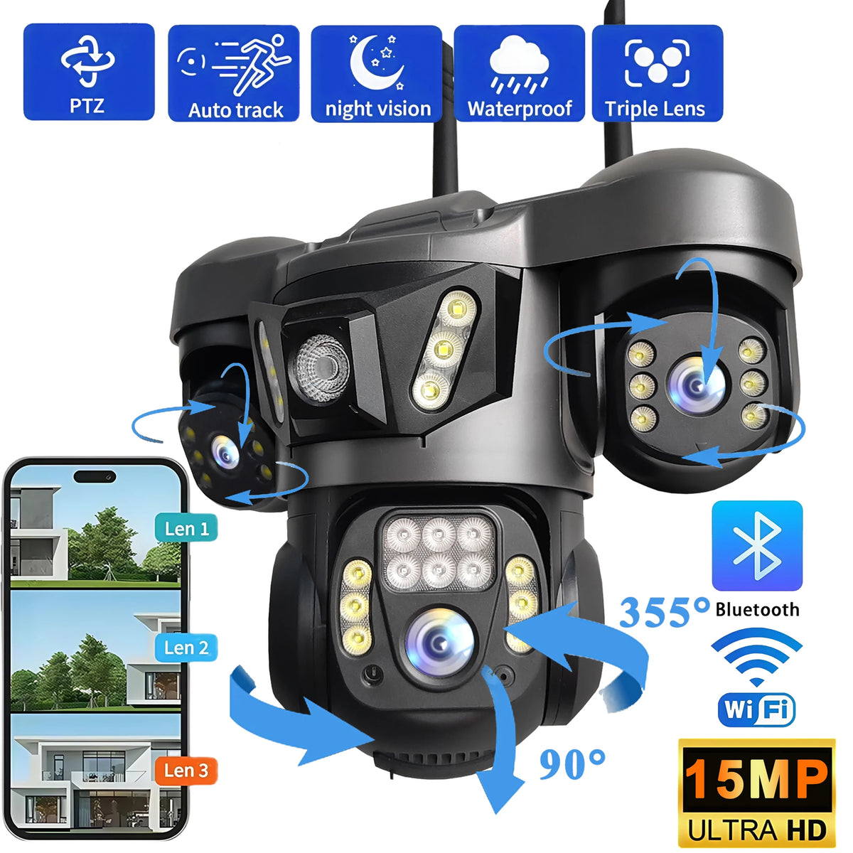 Three Lens PTZ IP Camera Outdoor HD Three Screen WiFi  Camera Auto Tracking 15MP Wireless Security CCTV Camera Waterproof V380