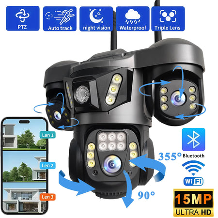 Three Lens PTZ IP Camera Outdoor HD Three Screen WiFi  Camera Auto Tracking 15MP Wireless Security CCTV Camera Waterproof V380