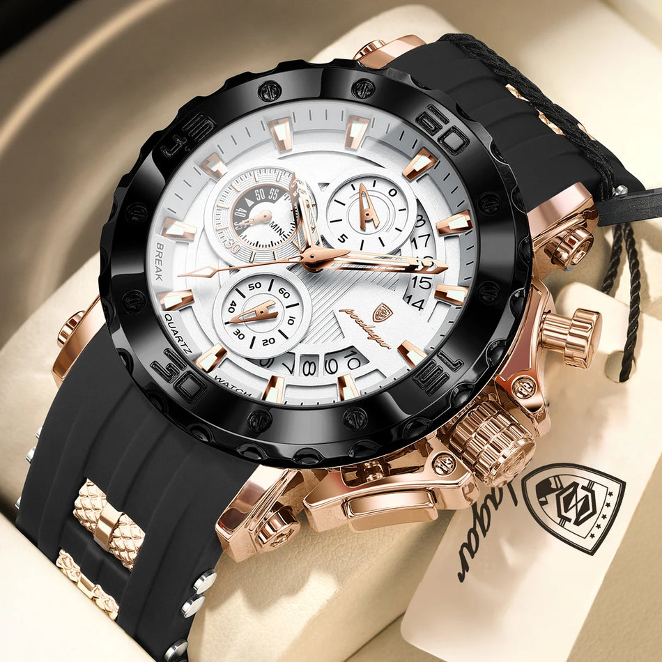 POEDAGAR Men's Luxury Chronograph Quartz Watch Luminous Dial, Silicone Strap