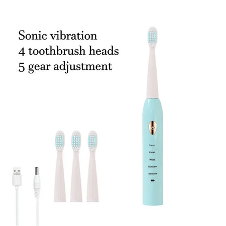 Clean Adult Black White Classic Acoustic Electric Toothbrush &ndash; Customizable 5-Gear Mode Blue with 4 Brush