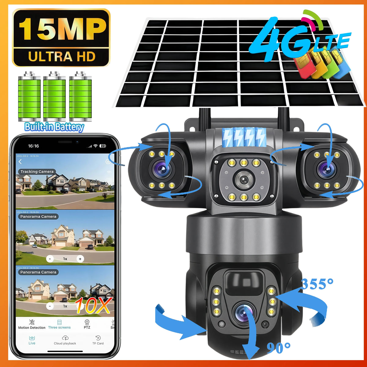 V380 PRO 3 Lens 4G Solar Camera HD 15 MP 360 Outdoor Waterproof CCTV Night Vision Two-Way Audio Camera Mobile Tracking IP Camera
