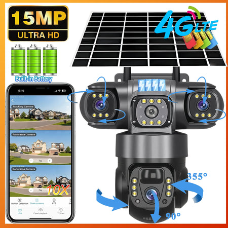 V380 PRO 3 Lens 4G Solar Camera HD 15 MP 360 Outdoor Waterproof CCTV Night Vision Two-Way Audio Camera Mobile Tracking IP Camera