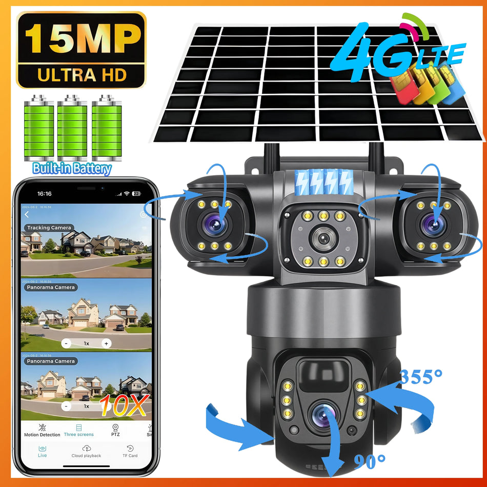 V380 PRO 3 Lens 4G Solar Camera HD 15 MP 360 Outdoor Waterproof CCTV Night Vision Two-Way Audio Camera Mobile Tracking IP Camera