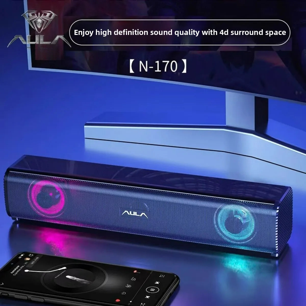AULA N-170 Soundbar  Wired RGB Illuminated Computer Speaker with Powerful Subwoofer for PC TV 4D Surround Sound USB Multimedia
