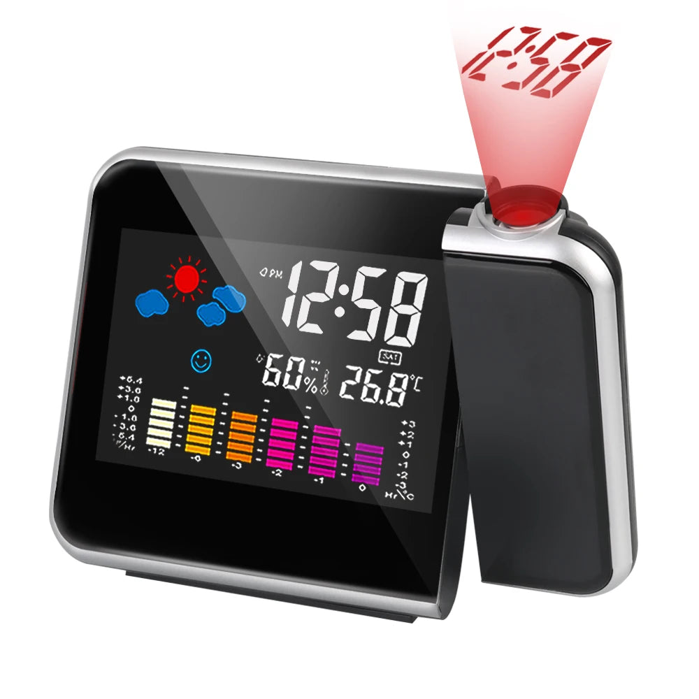 Rotatable Digital Alarm Clock with Time Projection and Weather Station Features black