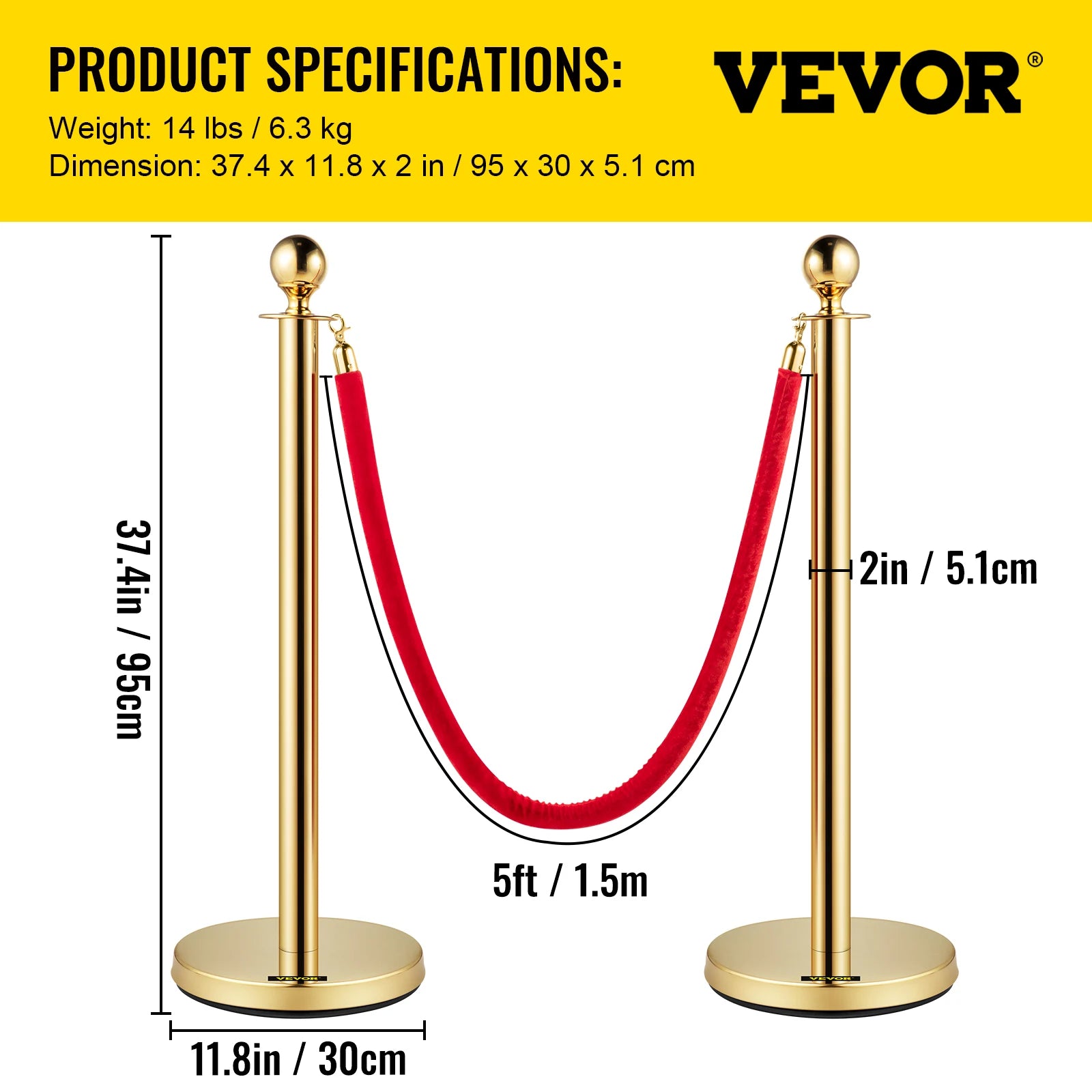 SucceBuy Velvet Ropes Gold Stanchion - Ball Top Design