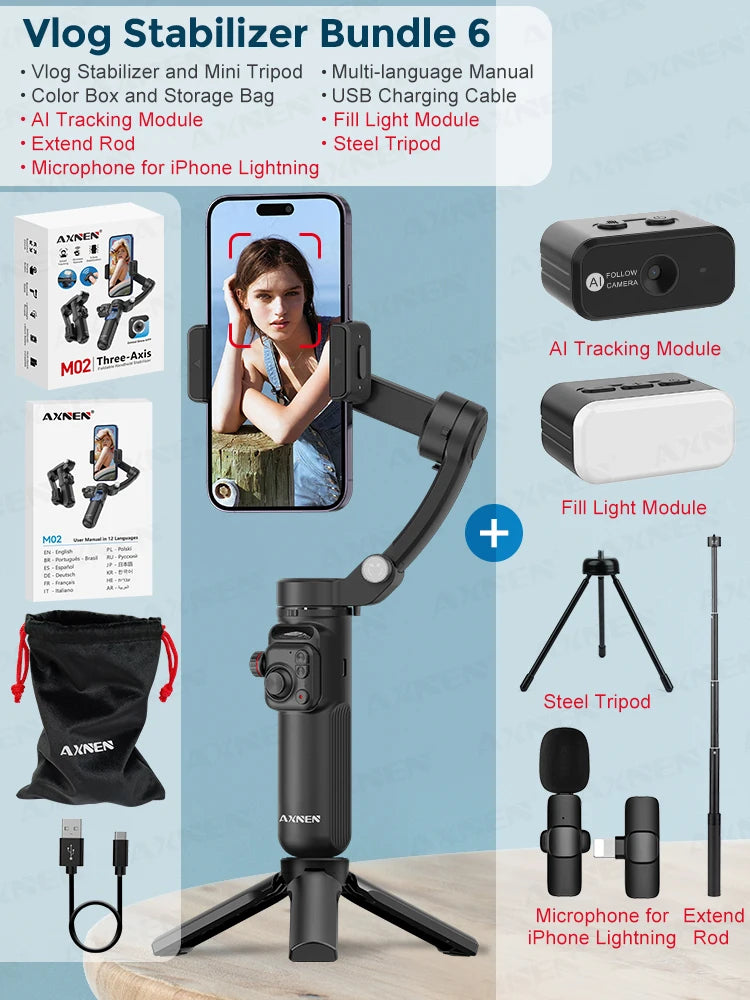 3-Axis Vlog Stabilizer &ndash; Face Following Technology with Magnetic Remote Vlog Bundle 6 / CHINA