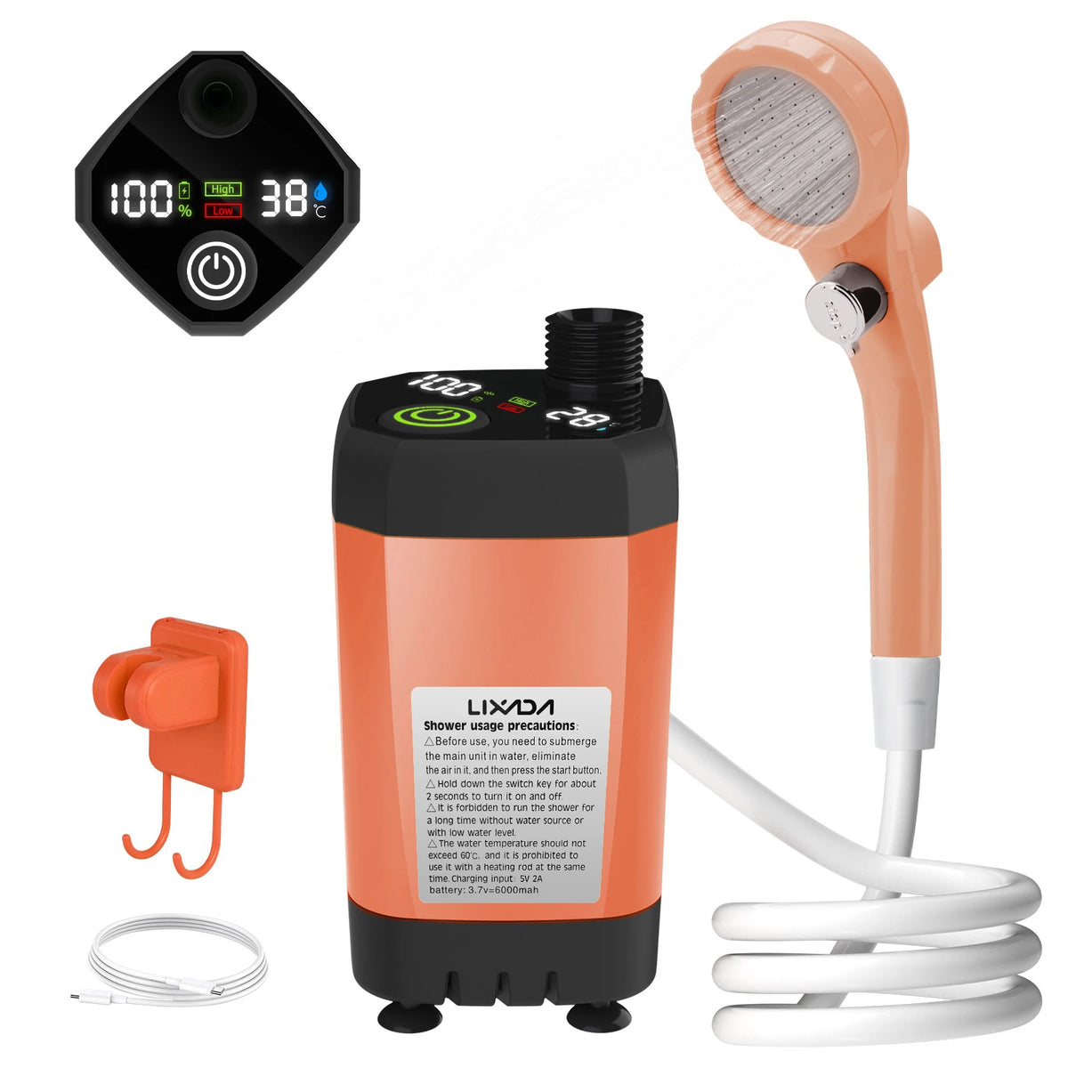 Portable Camping Shower Pump with Intelligent Digital Display and 6000mAh Battery Orange