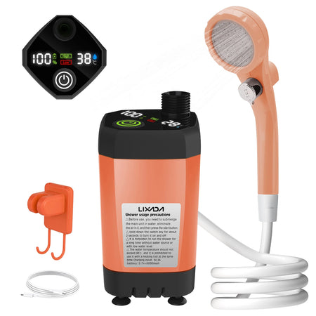 Portable Camping Shower Pump with Intelligent Digital Display and 6000mAh Battery Orange