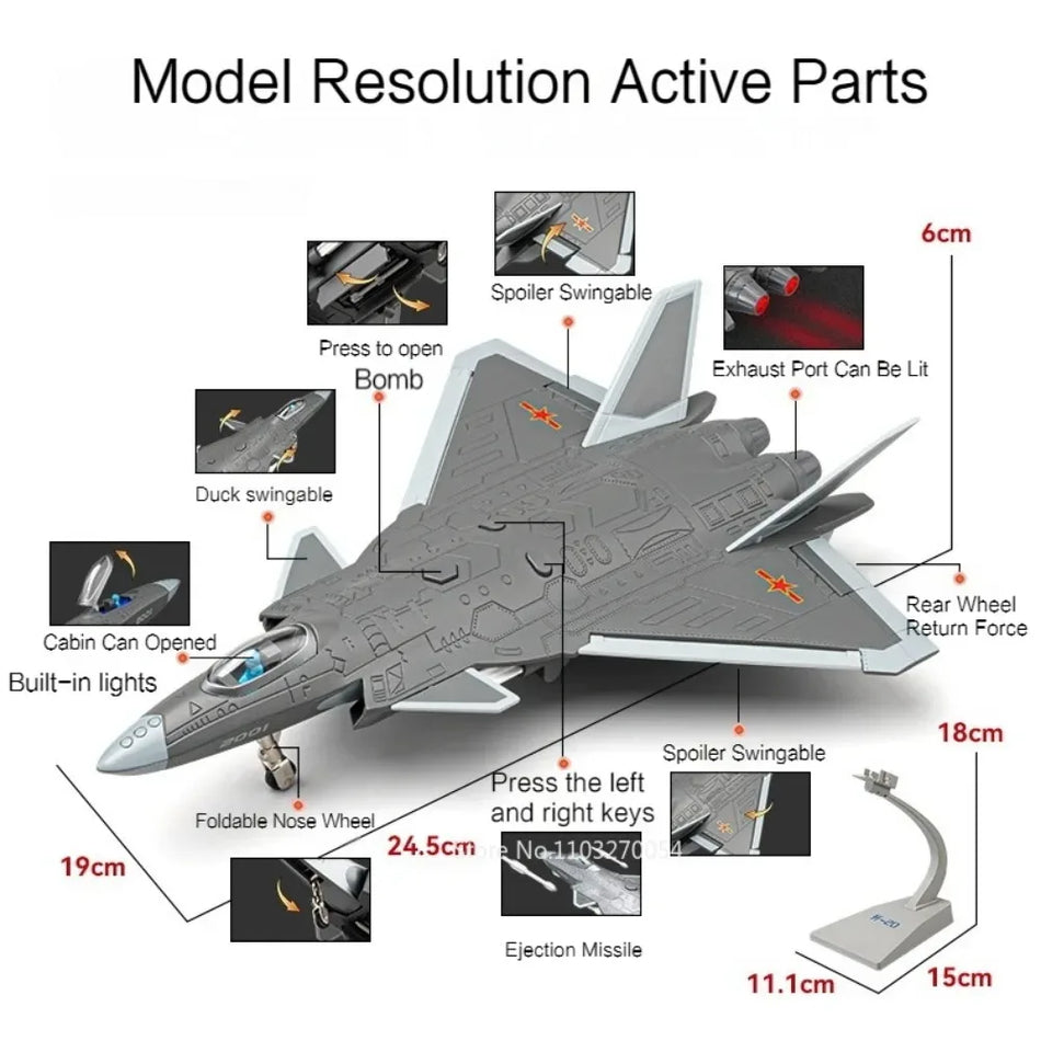 Diecast model bojnega letala z zvokom in svetlobo za MINI J-20