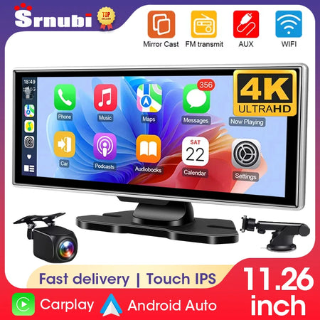 11.26 Inch Dash Cam 4K Car DVR &ndash; Wireless Carplay and Android Auto with Dual Lens and GPS Navigation