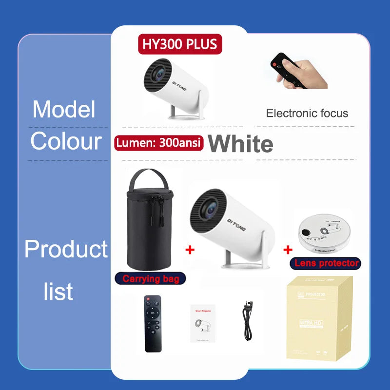 2025New Ditong Hy300 Plus 4k video portable projector Android HD 1280*720P Home Cinema Outdoor HY300 pro Mini led Projetor white PLUS and bag / US Plug