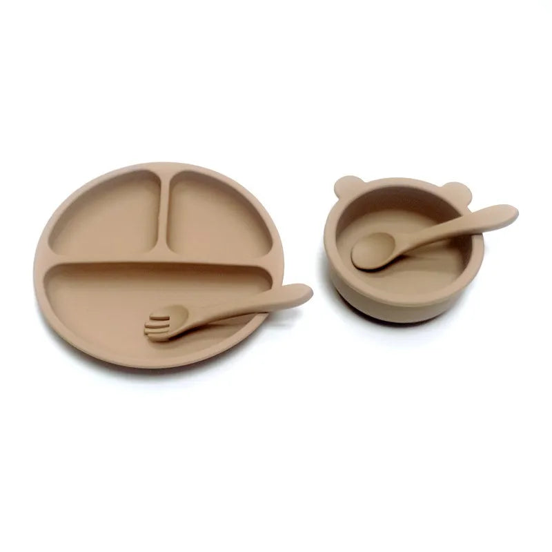 CZSAE 4pcs Silicone Tableware Set &ndash; Safe Suction Cup Design for Children light brown