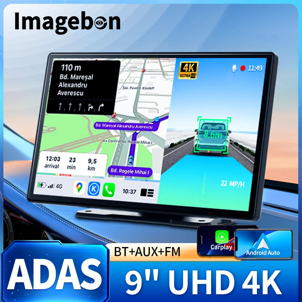 Imagebon 9 Inch 4K ADAS Wireless Dash Cam &ndash; Dual Recording with CarPlay and Android Auto