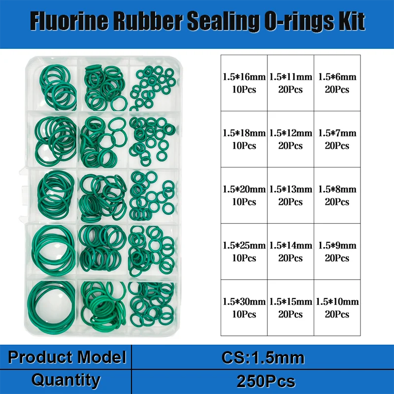 Green FKM Fluorine Rubber O Ring &ndash; Acid And Alkali Resistant Oilproof Seal 250PCS CS 1.5mm