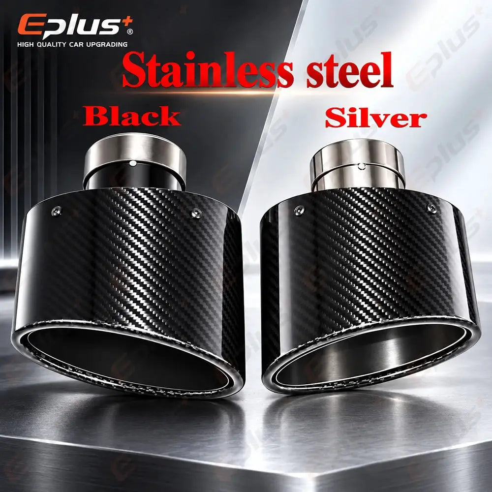 Glossy Oval Carbon Fiber Universal Car Exhaust Muffler Tip Exhaust Pipe Nozzle Decoration Stainless Silver&Black Left and Right by InterCyprus Trading Ltd