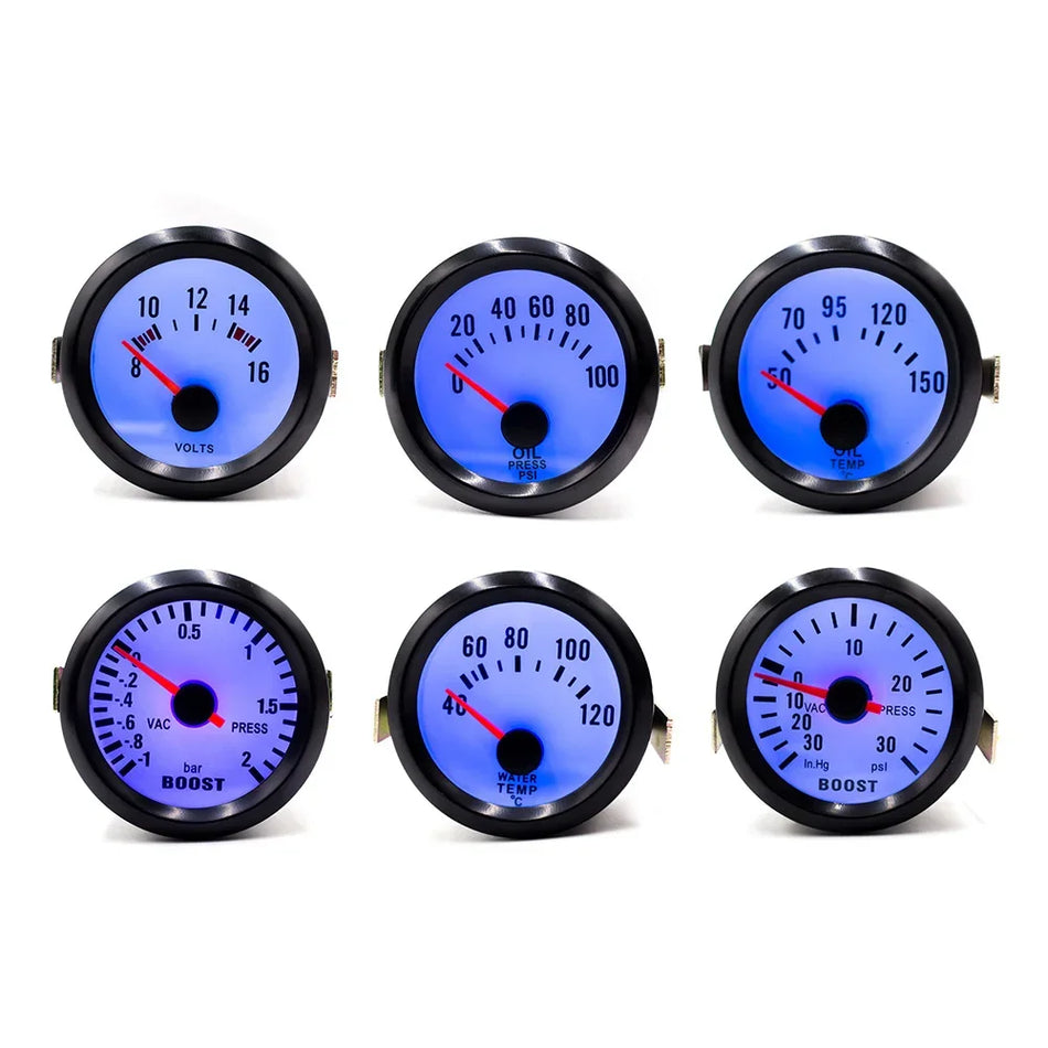 Turbo Boost Matuoklis 2 Colių 52mm Mechaninis, 12V, -1 iki 2 Bar, Mėlyna LED
