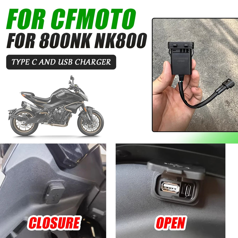 CFMOTO 800NK USB-laddare reläadapter, ABS, Typ-C & USB-utgång