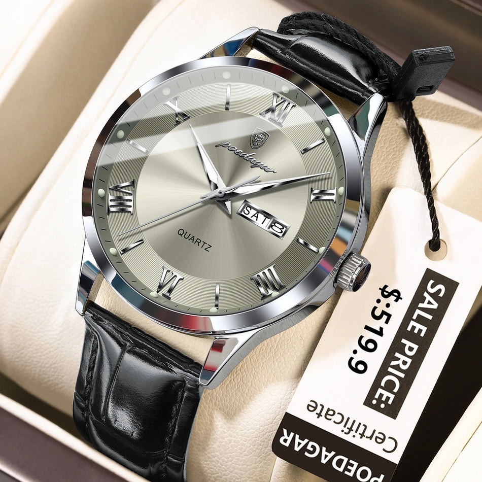 Orologio da uomo di lusso con cinturino in pelle, stile militare, impermeabile, con data luminosa