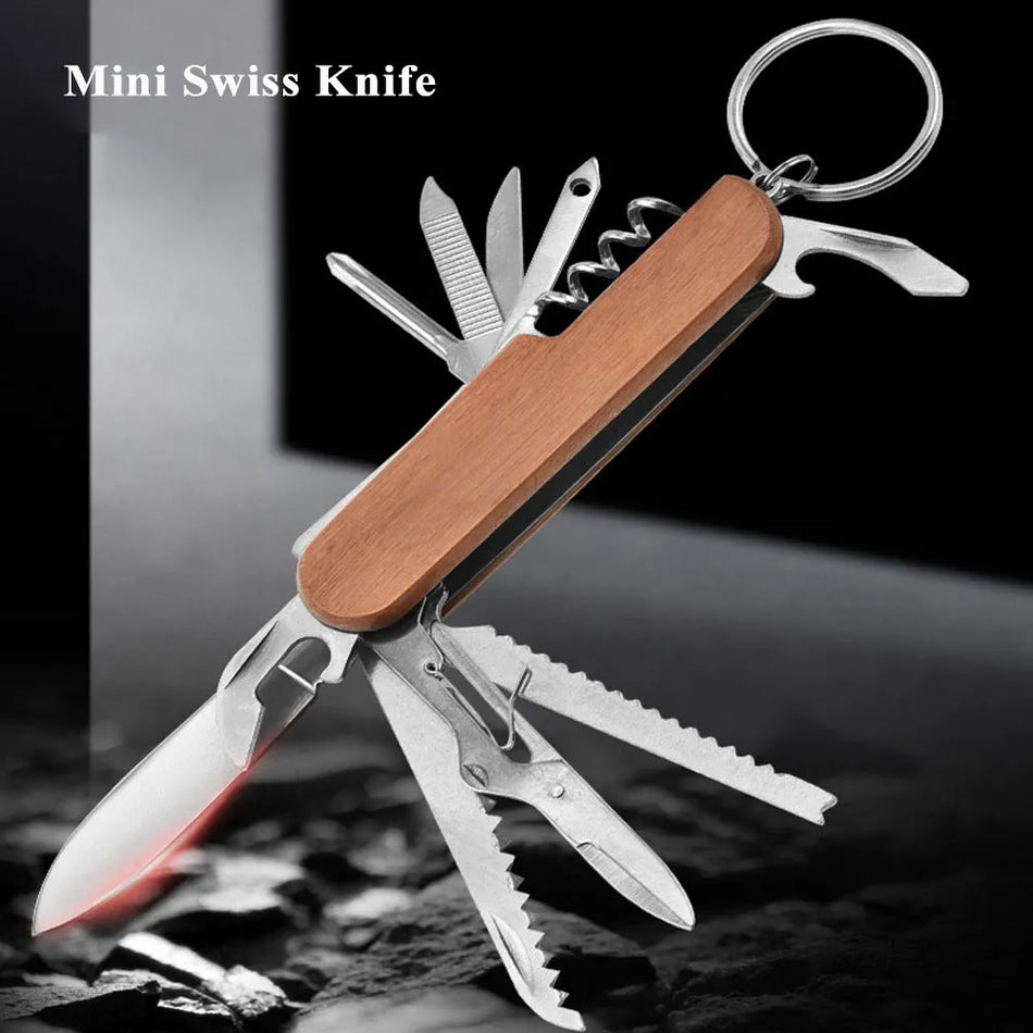 Wooden Handle Swiss Knife 11 In 1 Portable Folding Army Knife EDC Multitool Survival Gadgets Camping Emergency Tools