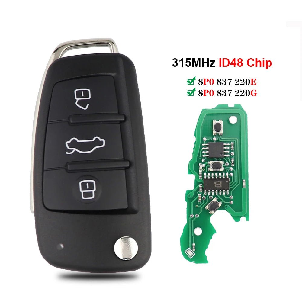 High-Quality 315/433Mhz Audi Remote Car Key ID48 for Q7 B7 Q3 A3 TT A2 A8 A6 A6L A4 S5 C5 C6 B6 A4L A5 Q5 S RS Models - Uncut Blade, No Logo 8P0837220G 315Mhz