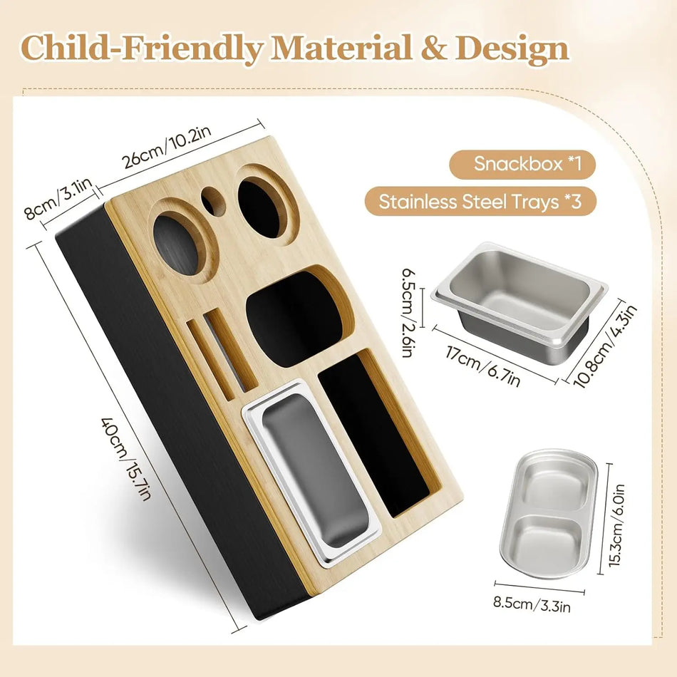 Cutie de Gustări pentru Canapea cu 3 Boluri din Oțel Inoxidabil și 2 Suporturi pentru Sticle