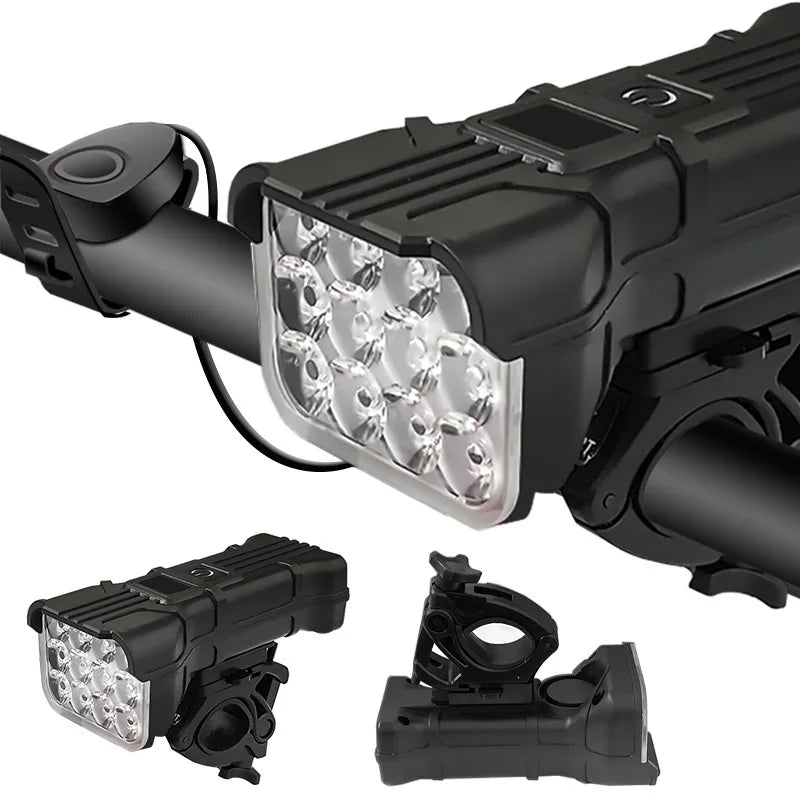 12 LED Bicycle Headlights with Horn and Loud Bell, USB Rechargeable Front Light, IPX5 Waterproof