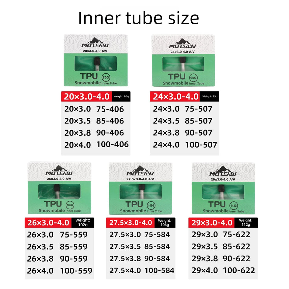 Lightweight TPU Inner Tube for Fat Tire Bikes 20/24/26/27.5/29 x3.0-4.0, 2 Pack