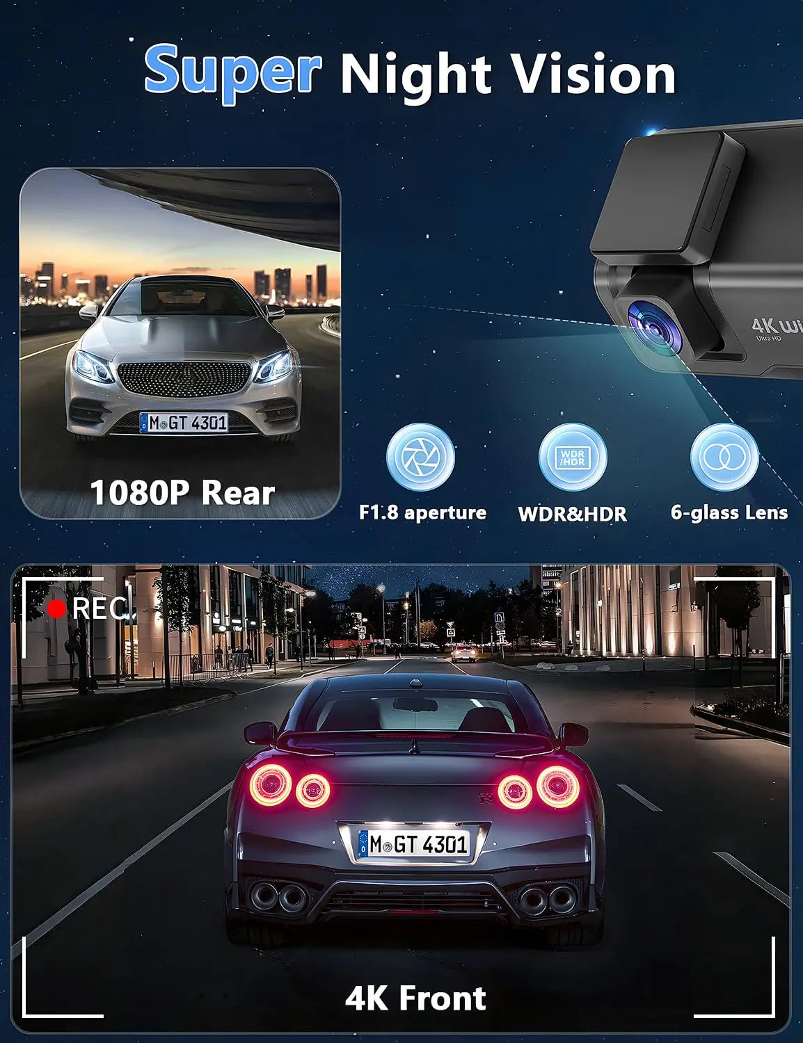 Kocam 4K UHD Dash Cam &ndash; Dual Lens Front and Rear with Night Vision