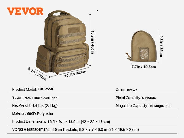 BK-2558 SucceBuy Range Backpack &ndash; Dual Pistol Compartments Brown 42x23x48CM / UNITED KINGDOM