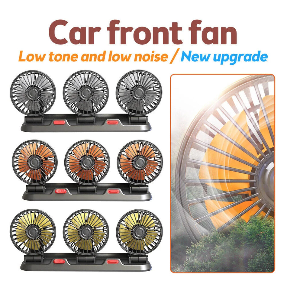 Car Fan 360 Degree Adjustable Three Head Quiet 12V USB