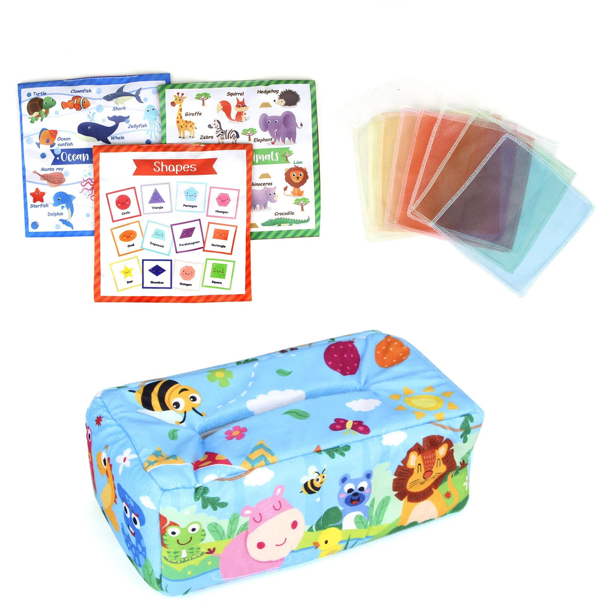Sensory Montessori Baby Tissue Box Toy 0-18M - Colorful Soft Tissue Pump with Silk Scarves for Toddler Development and Finger Exercise B Forest animals
