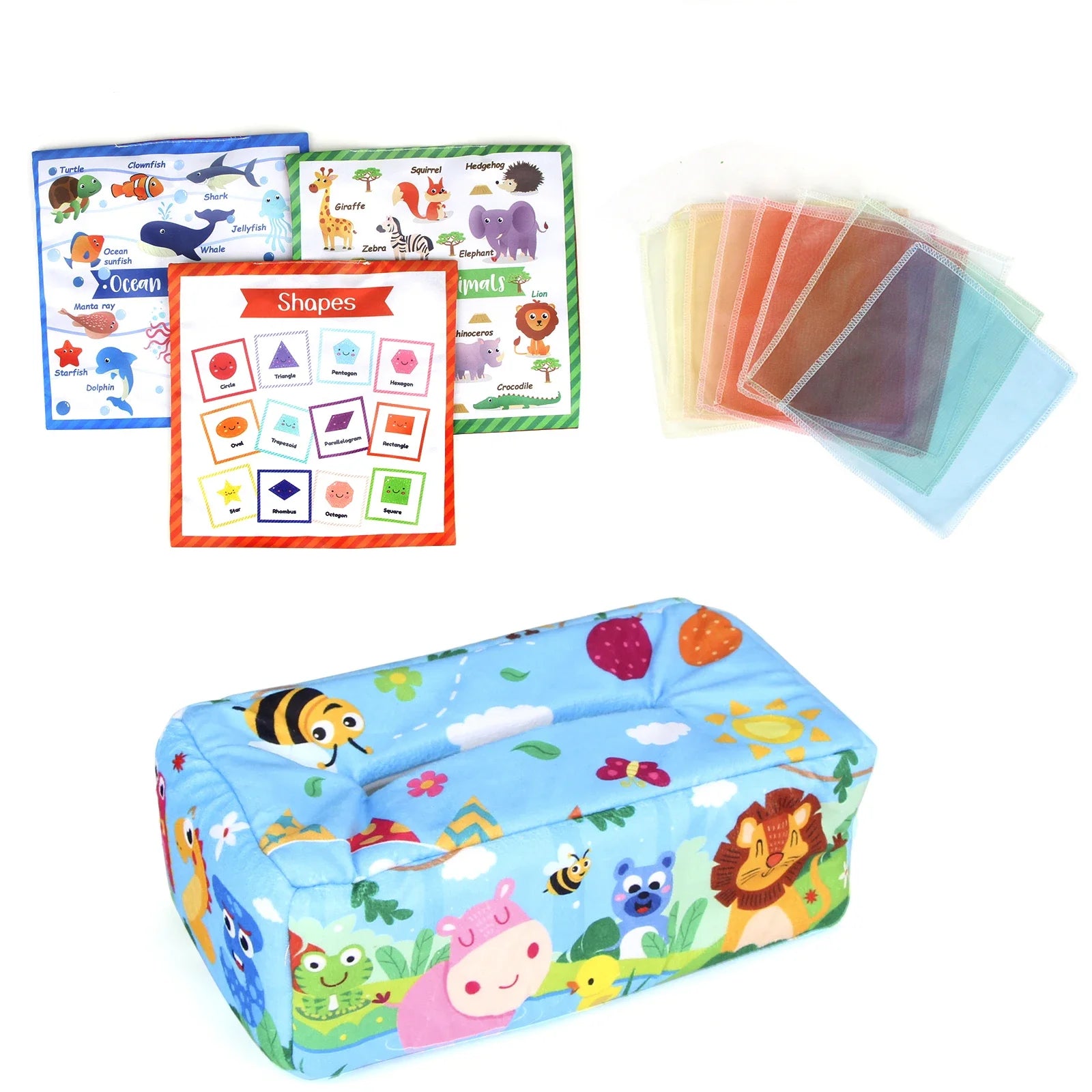 Sensory Montessori Baby Tissue Box Toy 0-18M - Colorful Soft Tissue Pump with Silk Scarves for Toddler Development and Finger Exercise B Forest animals