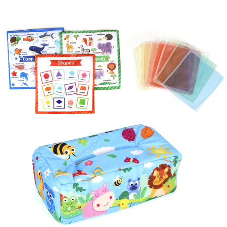 Sensory Montessori Baby Tissue Box Toy 0-18M - Colorful Soft Tissue Pump with Silk Scarves for Toddler Development and Finger Exercise B Forest animals