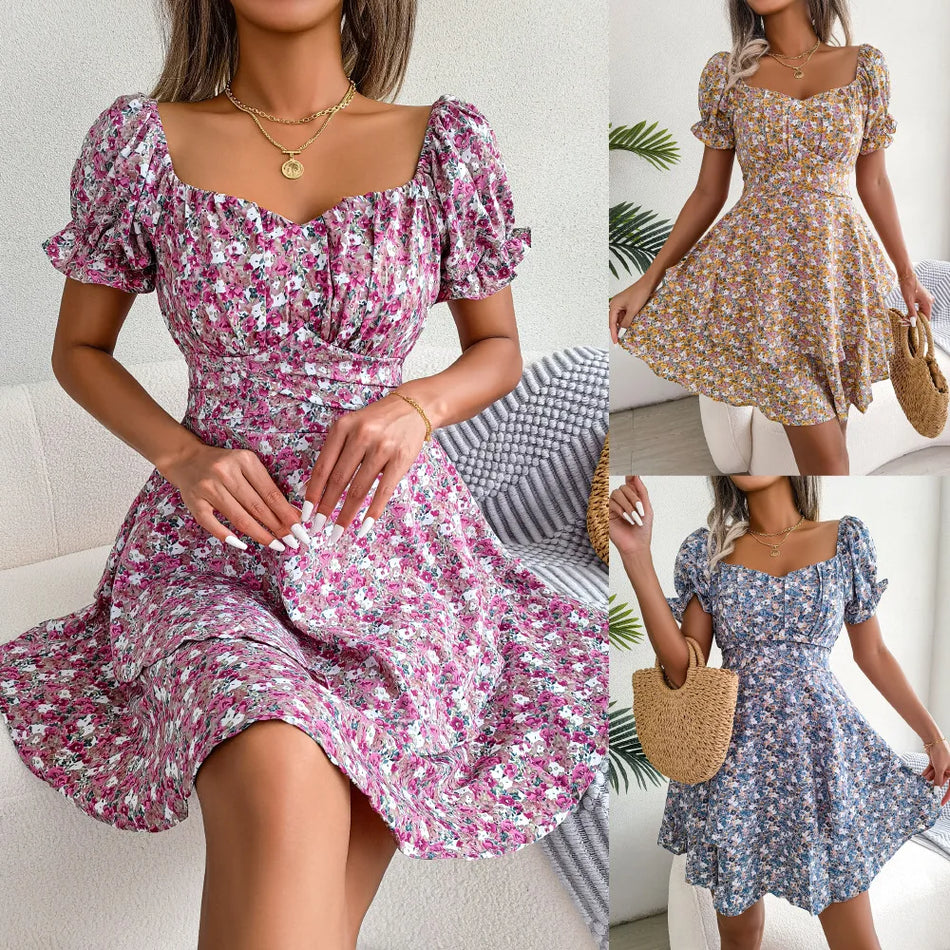 Floral V-Neck Short Sleeve Summer Dress for Women