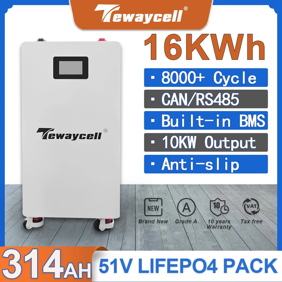 Tewaycell 16KWh πακέτο μπαταριών LiFePO4 Powerwall 51V 314Ah ενσωματωμένο 200A BMS CAN RS485 σύστημα παρακολούθησης ηλιακής ενέργειας