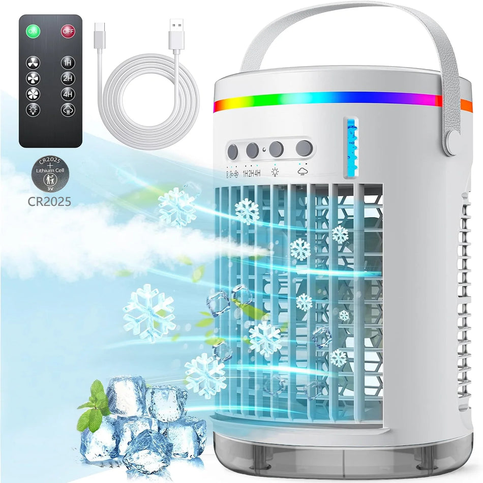 Portable Air Cooler - USB Powered, 3 Speeds, 1400ml, 7 Colors, Quiet Fan for Home &amp; Office White