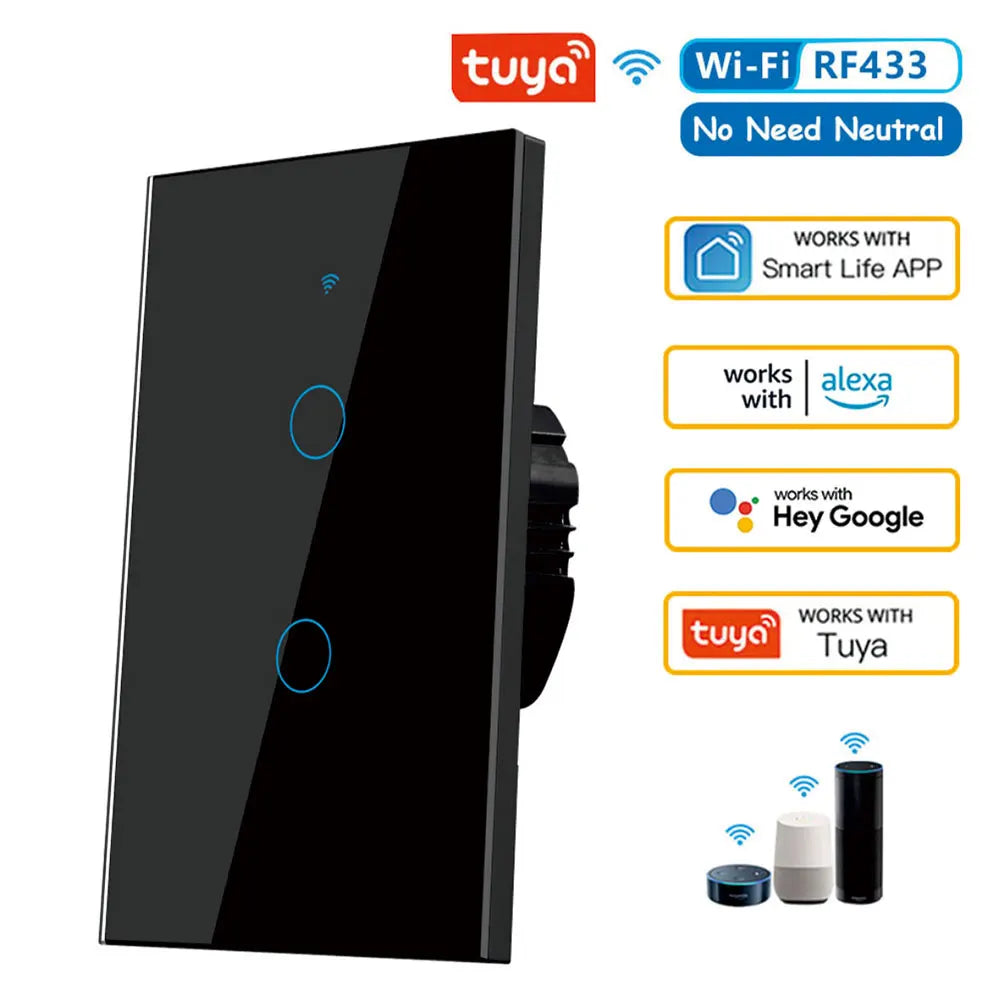 Tuya US WiFi Smart Wall Switch - Alexa &amp; Google Home Compatible Black 2 Gang
