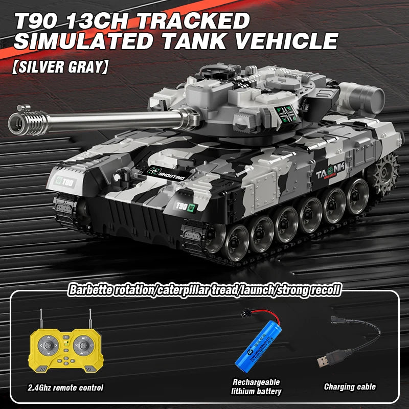 RC Tank 13 Channel &ndash; Shooting Function Battle Ready T90 silver gray