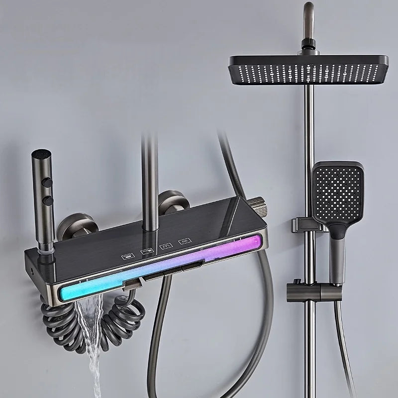 Lyxigt Badrum Duschsystem Duschkran Full Set med Ljus Piano Nyckel Smart Temperatur Digital Display Varm Kall Blandare