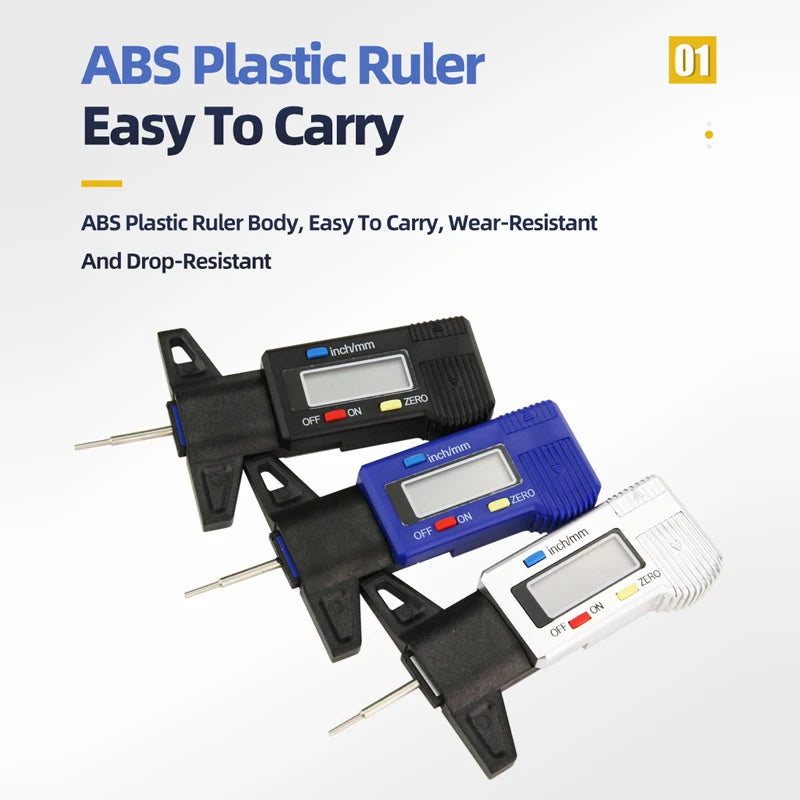 Digital mätare för däckmönsterdjup för bil med 0-25,4 mm räckvidd, ABS-plast, verktyg för övervakning av däckslitage