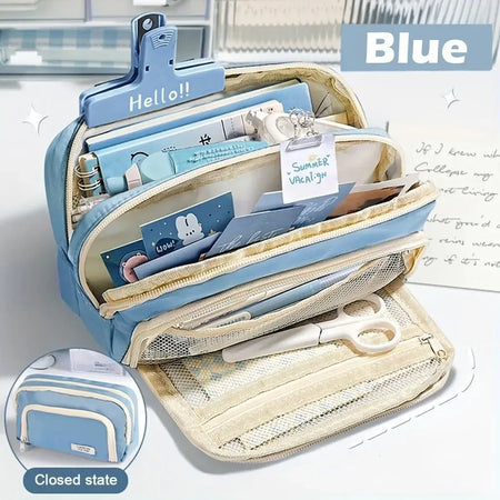 Kawaii Pencil Case | 3 Layer Cute Pen Bag | Large Capacity Korean Organizer With logo-Blue