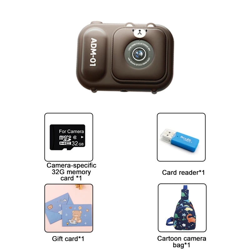 Children Video Camera For Kids - Dual Front And Rear Lenses Brown-with bag