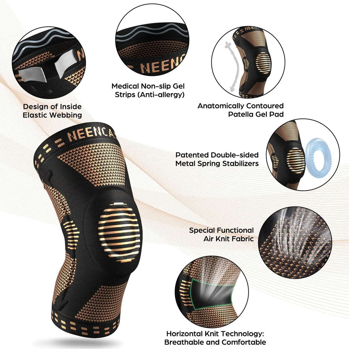 NEENCA Copper Knee Brace Knee Support with Patella Gel Pad &amp;Side Stabilizers for Knee Pain Sport Arthritis ACL Joint Pain Relief