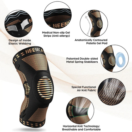 NEENCA Copper Knee Brace Knee Support with Patella Gel Pad &amp;Side Stabilizers for Knee Pain Sport Arthritis ACL Joint Pain Relief